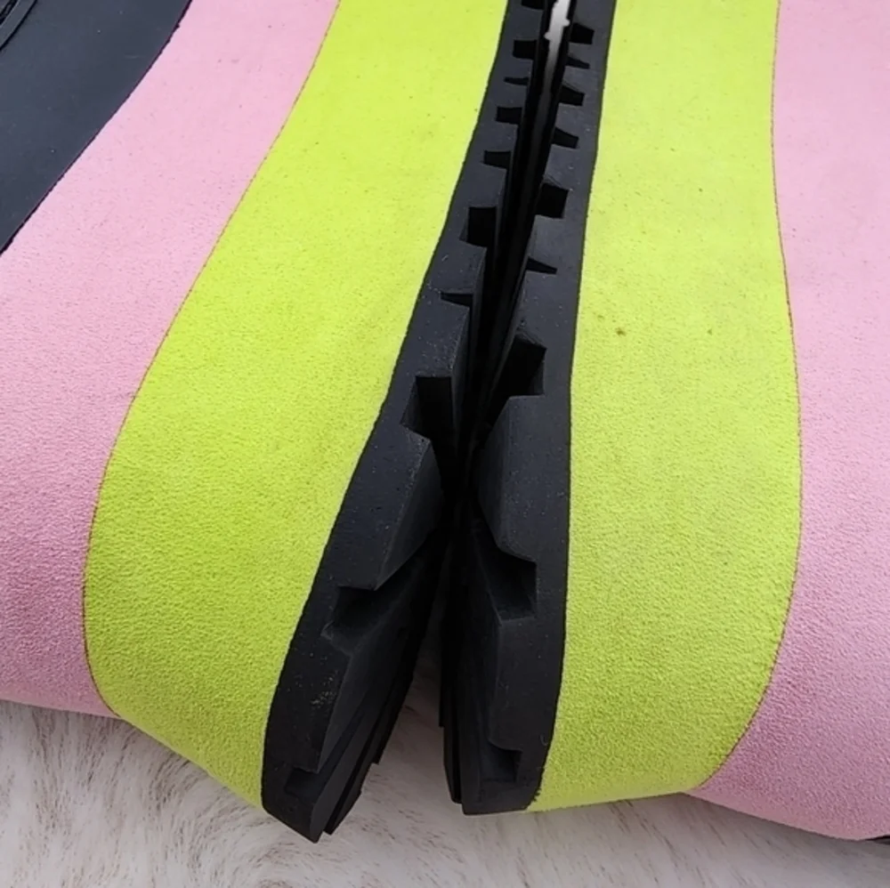 Y2K horoscope 90s HUGE neon chunky platform heel in pink green and black, velvet